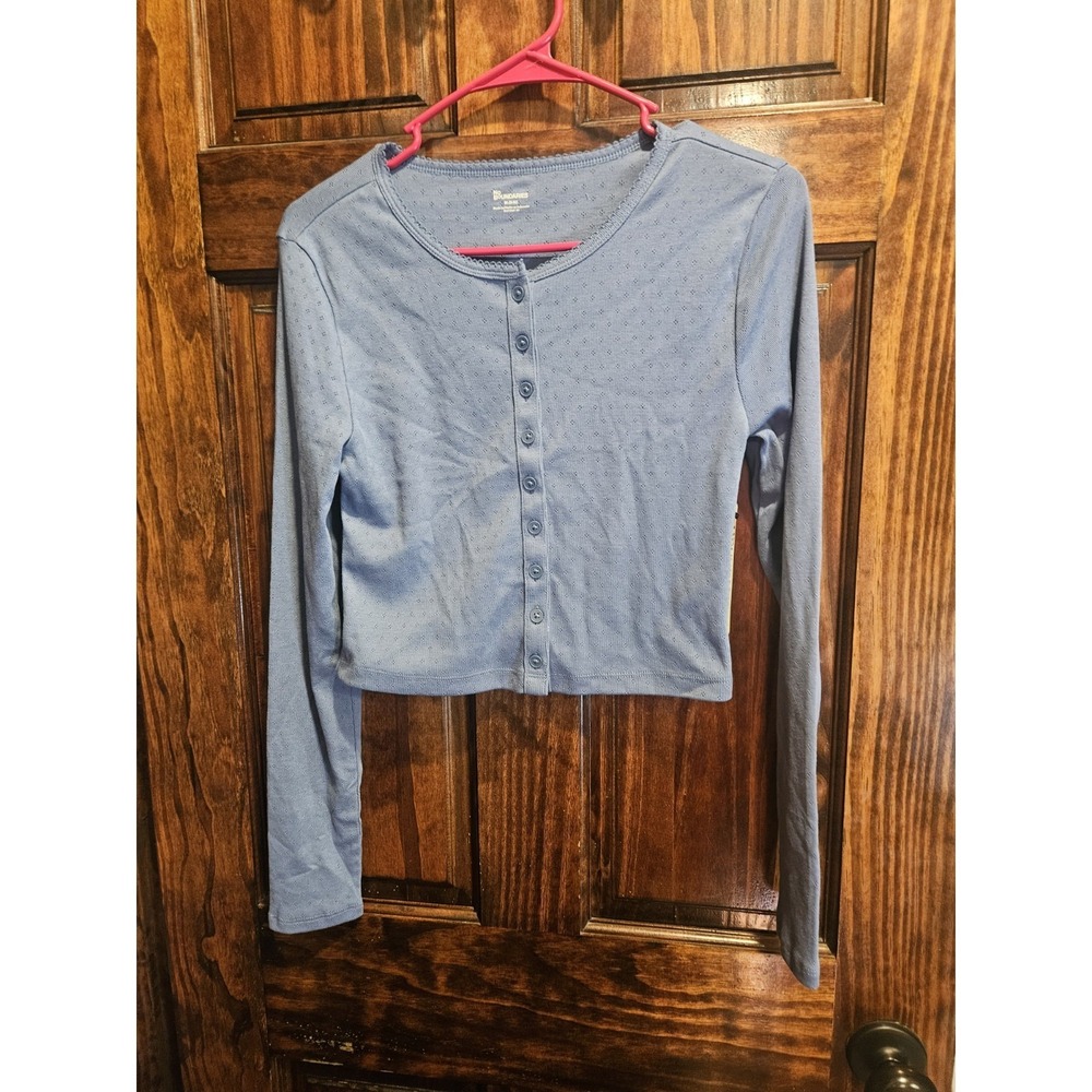 No Boundaries Blue Pointelle Knit Button Up Blouse Long Sleeve Cropped Shirt M